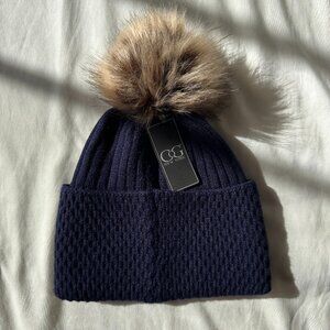 NWT CoG New York Knit Navy Blue Beanie with Brown Faux Fur Pom Pom, OSFA Women's